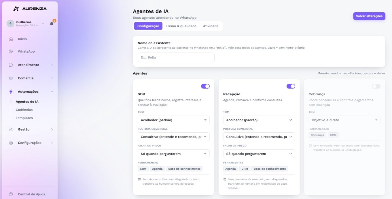 Tela de configuração inicial da Aurenza